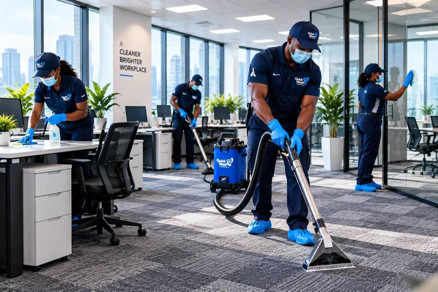 Quick Wash cleaners working through an open plan office: carpet extraction, desks wiped down and glass partitions cleaned.